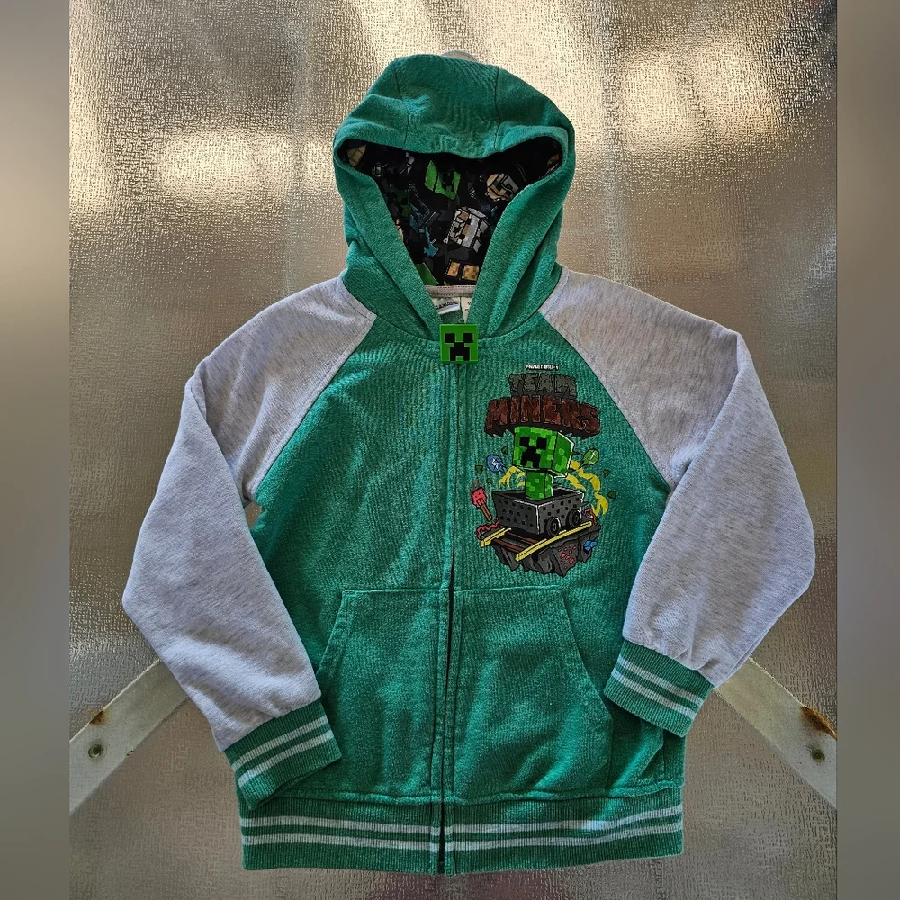 Minecraft Creeper Hoodie Boys S 6/7 Team Miners Graphic Zip Up Gamer Streetwear